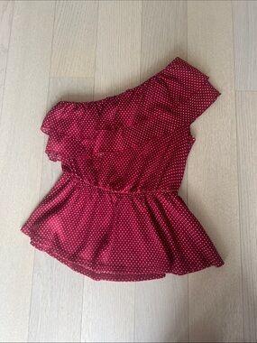 Anthropologie One-Shoulder Ruffle Peplum Top - Red with White Polka Dots